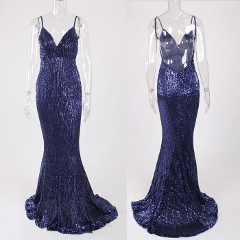 Open Back Navy Blue Sequined Maxi Dress Lining Strapless Deep V Neck Sleeveless Floor Length Mermaid Party Dress